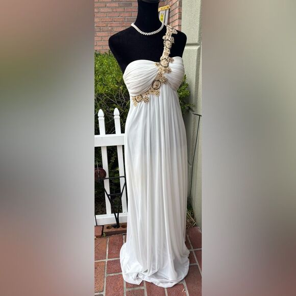 White Flowing Silhouette One Shoulder Gold Sequins Floral Embellishment Full Len - Picture 7 of 9